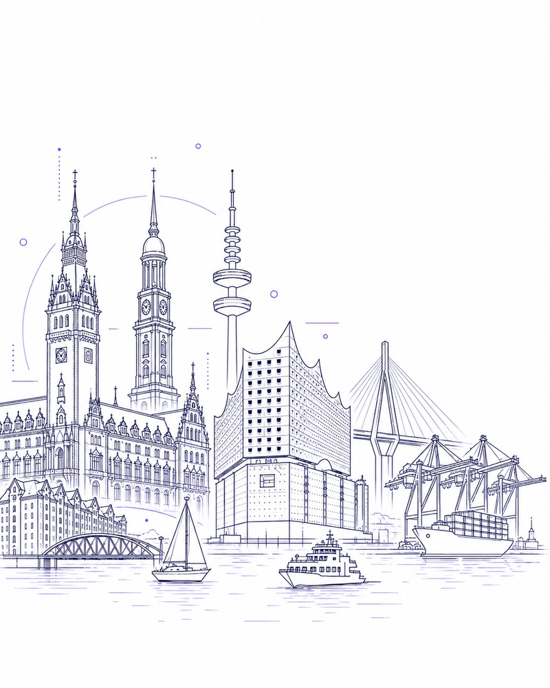 Feinlinien-Illustration der Hamburger Silhouette: Rathaus, Michel, Fernsehturm, Elbphilharmonie, Köhlbrandbrücke, Containerkräne, Speicherstadt mit Brücke, davor Wasser mit Segelboot und Hafenfähre.